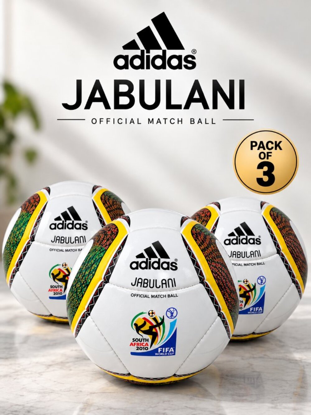 Adidas Jabulani FIFA World Cup 2010 Official Match Ball Size 5, Pack of 3